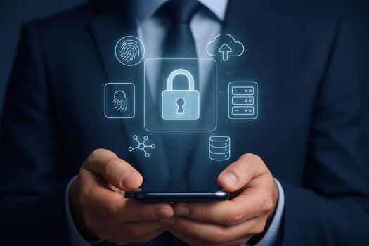 Data Protection Concept Businessman Holding a Mobile Phone Displaying Security Icons, Representing Cybersecurity Measures photo