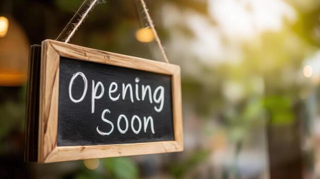 Chalkboard Sign Announcing Opening Soon for Business, Retail, Restaurant with Blurred Bokeh Background photo