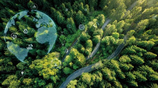 Aerial View of Green Forest with Digital Overlay, Connecting Technology and Nature for Sustainability Concepts photo