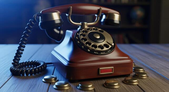 Vintage Rotary Phone on Wooden Desk Retro Communication Device in a Nostalgic Setting photo