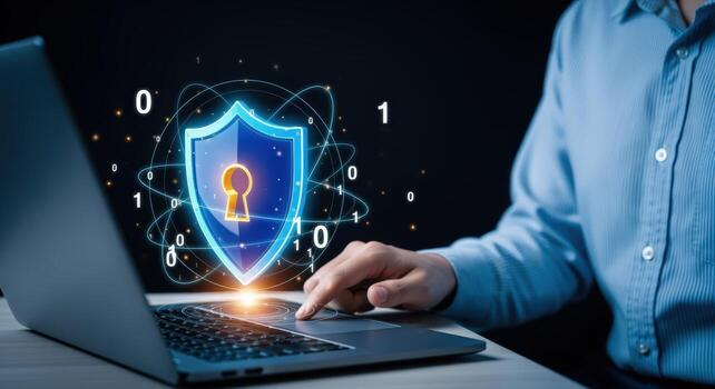 datos seguridad proteccion hombre utilizando ordenador portátil con digital proteger, representando la seguridad cibernética y datos cifrado foto