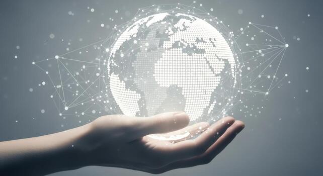Global Connection Concept Hand Holding Digital Globe with Network Connections and Data Transmission photo