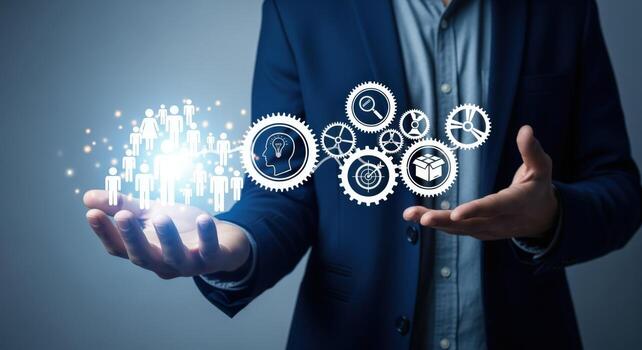 Business Man Displaying Technology and Teamwork Concept with Gears, Leadership, and Innovation in the Digital Age photo