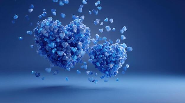 Two Blue Heart Sculptures Made of Tiny Hearts Floating in the Air on Blue Background photo