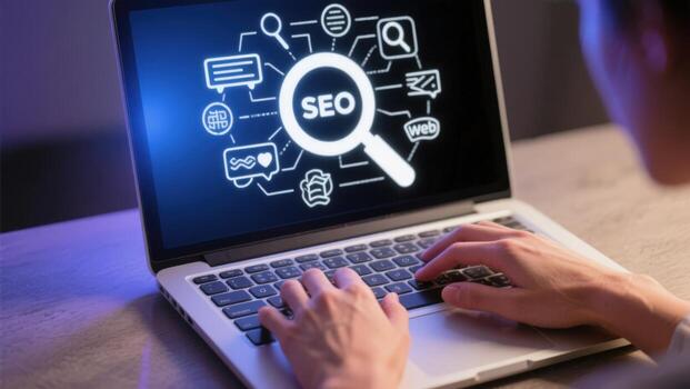 Laptop Displaying SEO Concept with Person Typing for Digital Marketing Optimization and Online Strategy photo