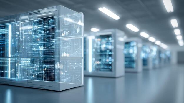 Server Room Data Center with Multiple Rows of Rack Servers Hosting Technology Infrastructure photo