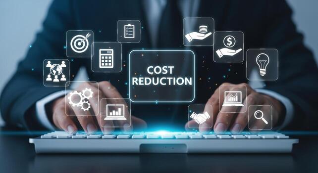 Cost Reduction Strategy Businessman Typing on Keyboard Analyzing Financial Data for Efficiency and Savings photo