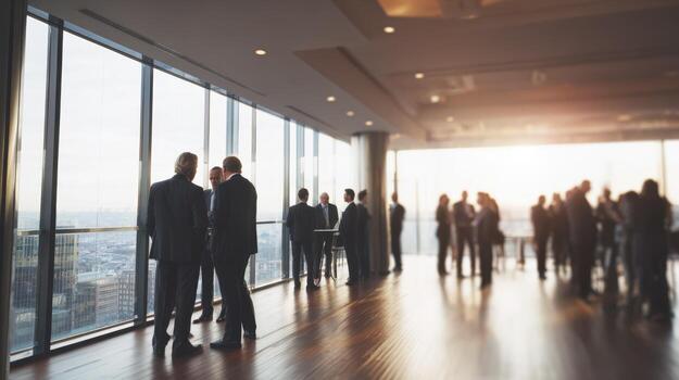 Business Professionals Gathering in Modern Office Space for Networking and Collaboration Overlooking Cityscape, Featuring Large Windows photo