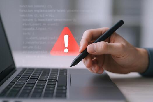 System Error Alert Hand Using Stylus on Laptop with Warning Sign Overlay Display photo