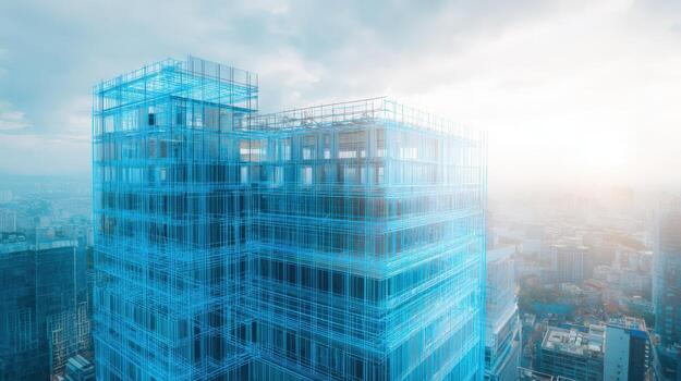 Modern Building Design Visualization Architectural Blueprint Overlay in a Bright Urban Landscape photo