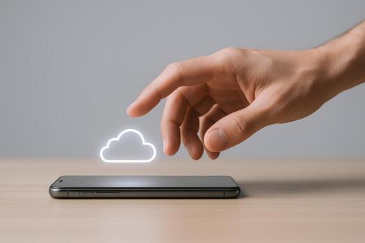 Cloud Technology Access Hand Reaching for Data Storage on Mobile Device, Digital Connection photo