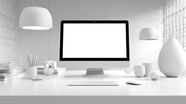 Minimalist White Workspace with Computer Display, Keyboard and Decorations for Creative Professional, Mockup Template photo
