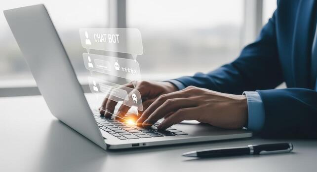 Businessman using AI chatbot application on laptop computer for communication and marketing automation photo