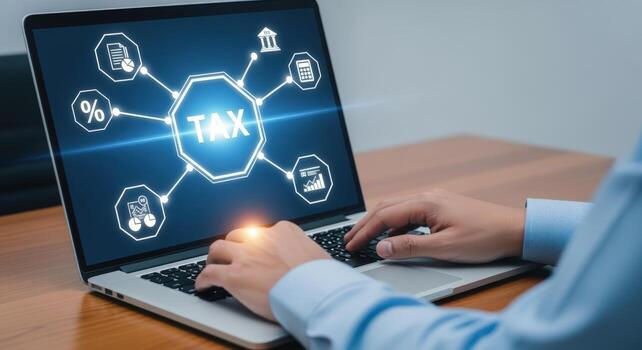 Tax Filing and Financial Planning Concept Man Using Laptop with Digital Tax Interface on Screen photo