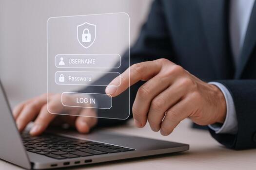 Secure Login Access Man Enters Credentials on Laptop for System Authorization and Data Protection photo