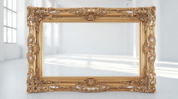 Ornate Gold Picture Frame Display in Bright Room, Blank Canvas for Art, Design and Presentation photo