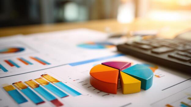 financiero tarta gráfico análisis con gráficos y calculadora para negocio crecimiento y inversión estrategia foto