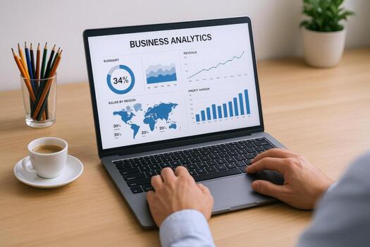 Business Analytics Dashboard on Laptop Display Showing Data Charts, Graphs, and Global Map for Strategic Planning photo