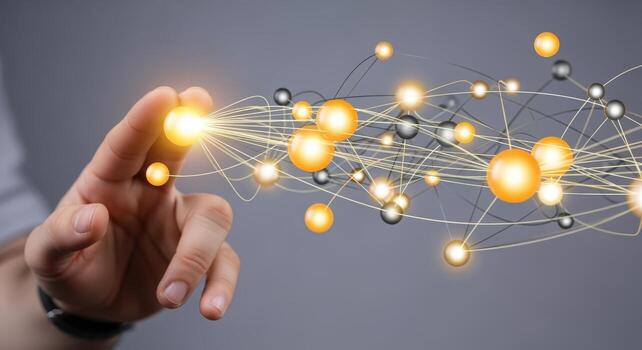 Digital Connection Concept Person Touching Abstract Network Visualization with Glowing Nodes and Lines for Modern Technology photo