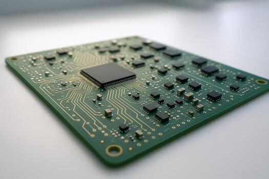 Close-up of a Green Circuit Board with Central Processor Unit and Surface Mount Components photo