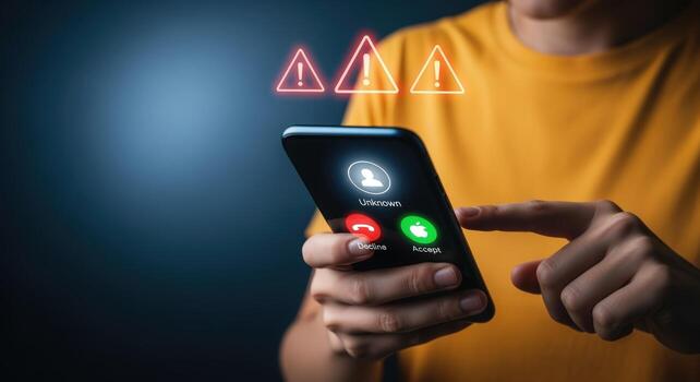 Person Holding Smartphone with Alert Notifications, Warning Sign, Cybersecurity Threat and Network Security Concept photo