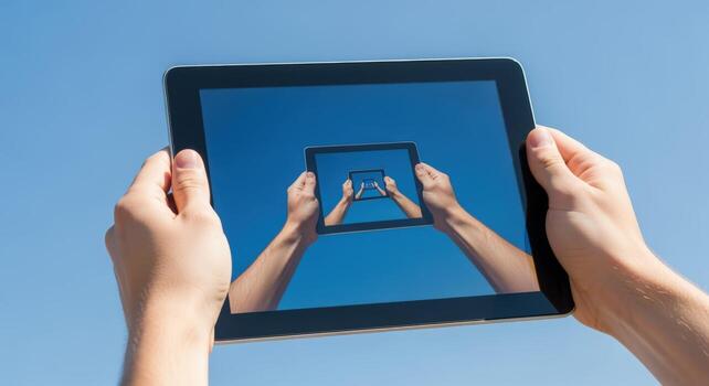 Endless Possibilities Person Holding Tablet Displaying Infinite Loop Against a Clear Blue Sky photo