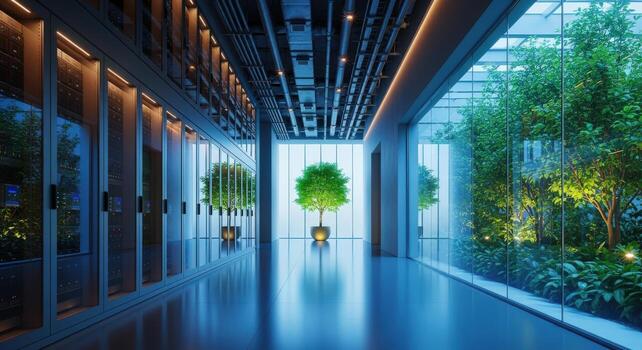 Modern Data Center with Green Technology and Sustainable Design, Featuring Server Racks and Indoor Garden photo