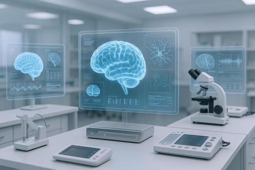 Brain Scan Technology in Futuristic Medical Research Lab with Microscope and Advanced Diagnostic Equipment photo