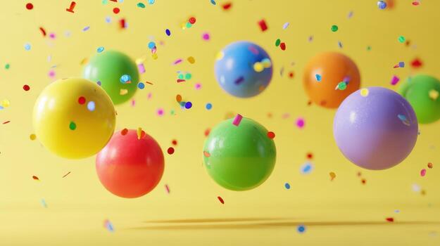 Celebratory Spheres A Vibrant Array of Colorful Balls and Confetti Suspended in Motion Against Yellow Background photo