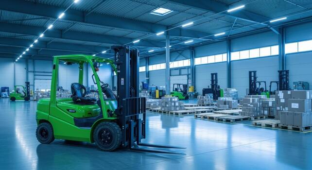 Warehouse Interior with Forklifts and Pallets, Efficient Logistics and Distribution in a Spacious Setting photo