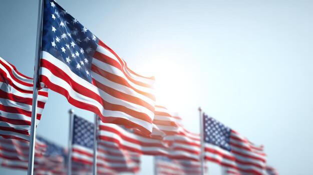 Patriotic Display of American Flags Waving in the Wind Against a Clear Sky, Symbolizing Freedom and Unity photo