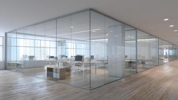 Modern Office Space with Glass Walls and Open Layout for Business and Collaboration photo