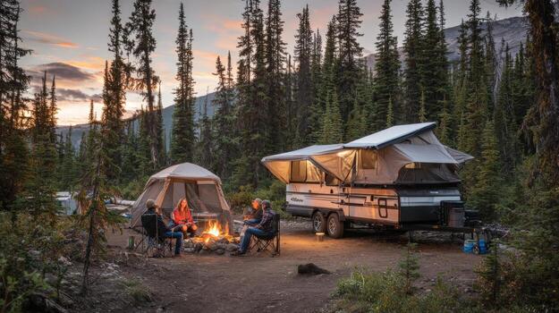Campers Enjoying Campfire at Dusk with Pop-Up Camper and Tent in Forest Scenery photo