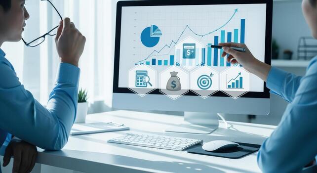 negocio profesionales analizando financiero datos y crecimiento tendencias en un computadora pantalla en moderno oficina foto