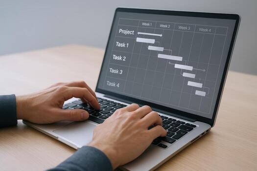 Project Management Gantt Chart on Laptop Screen Displayed with Man Typing for Business Planning photo
