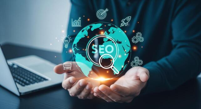 Digital SEO Marketing Man Holds a Virtual Globe with Search Engine Optimization Icons Displayed photo