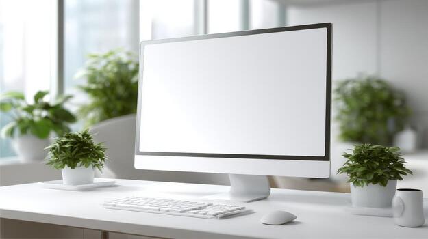 Modern Workspace Mockup Computer Display on Desk with Green Plants and Natural Lighting photo
