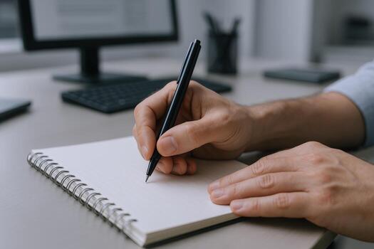 Man Writes in Notebook on Desk Business Planning and Creative Writing in Office Setting photo