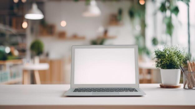 Laptop with Blank Screen on Desk in Modern Office, Ideal for Mockups and Presentations photo