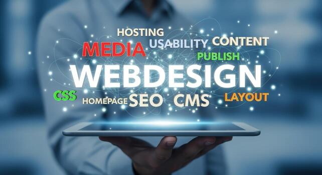 Web Design Concept Man Holding Tablet Displaying Internet Marketing and Development Terms photo