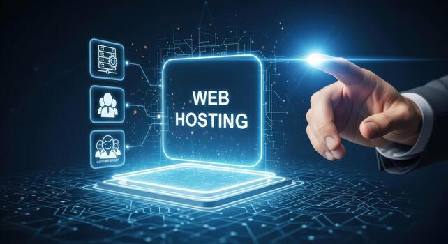 Web Hosting Concept with Glowing Interface and Hand Touching Screen, Representing Technology and Digital Solutions photo