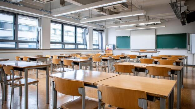 Empty Classroom with Desks and Whiteboard, Ready for Students to Learn and Study in Education photo