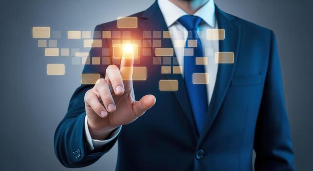 Businessman interacting with digital interface, touching virtual screen, future technology concept, innovation and modern business photo