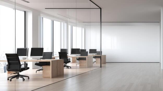 Modern Open Office Interior with Workstations, Natural Light, and Minimalist Design for Business Concepts photo