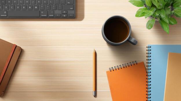 Overhead Workspace with Coffee, Stationery and Keyboard on a Bright Wood Table photo