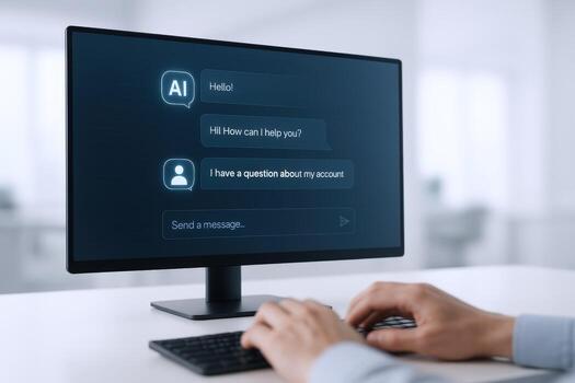 AI Chatbot Interface Displayed on Computer Monitor with User Typing for Customer Service photo