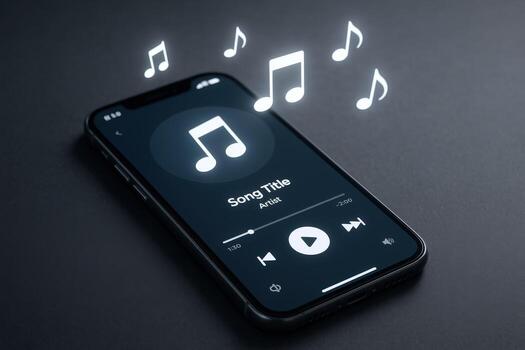 Smartphone Music Streaming App Display with Glowing Notes on a Dark Background photo