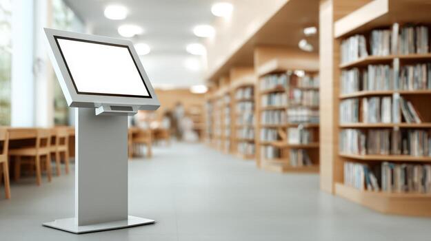 Interactive Digital Kiosk Mockup in Library Environment for Advertising and Informational Displays photo