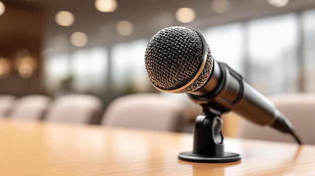 Microphone on Table Ready for Conference, Presentation, or Speech with Blurred Background in Auditorium photo