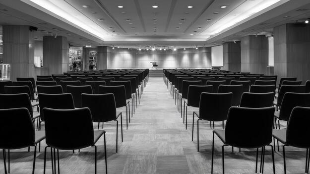 Empty Conference Room in Black and White, Featuring Rows of Chairs and Stage Area photo